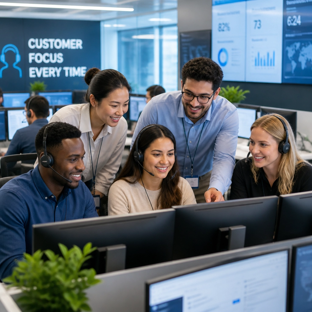 Disaster recovery call center team collaborating in a high-tech communication center.